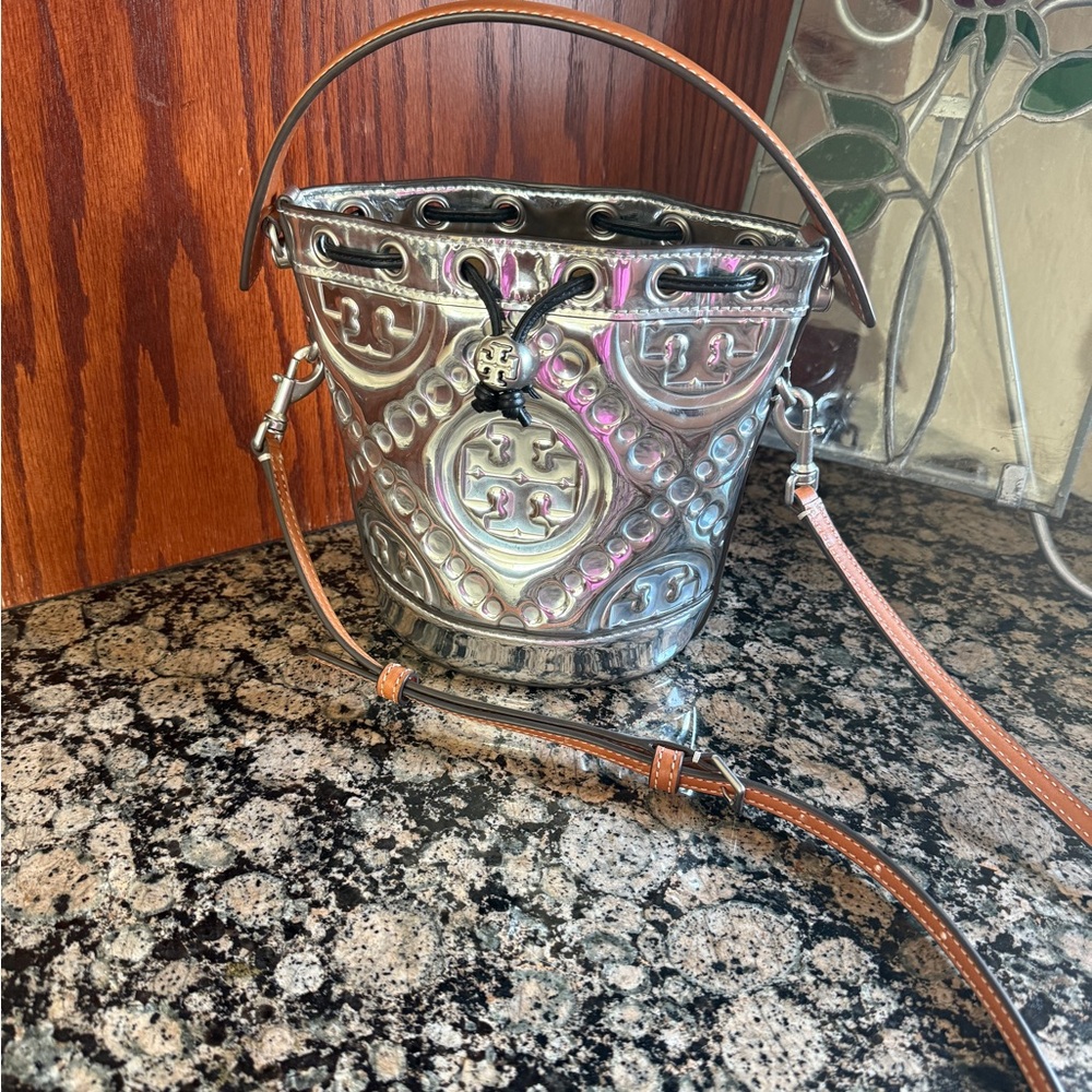 Authentic Tory Burch Silver T embossed Mini bucket bag